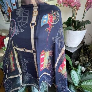 DAKS London Navy Scarf with Carriage Print.